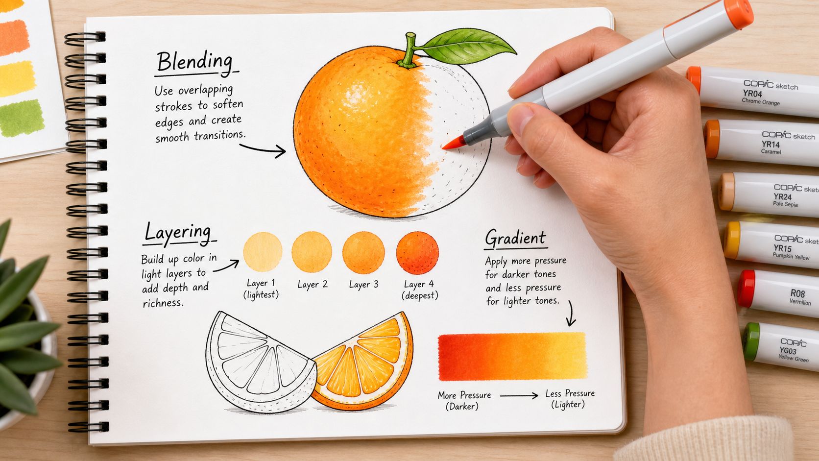 A hand using a Copic marker to color an illustration of an orange in a sketchbook.