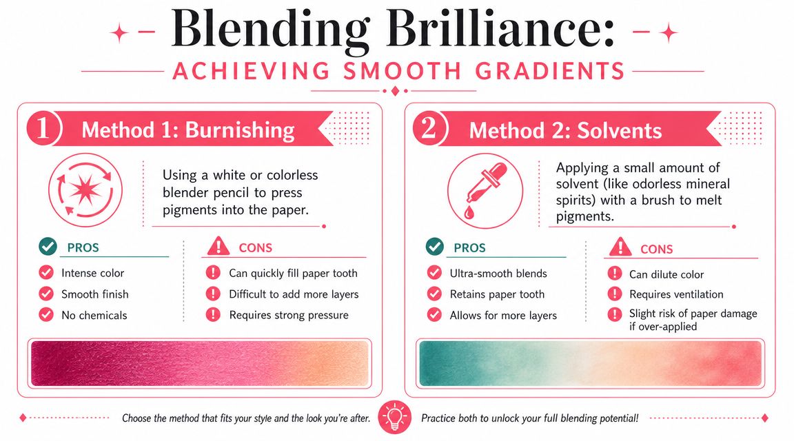 An infographic comparing burnishing and solvent techniques for blending colored pencils to achieve smooth gradients.