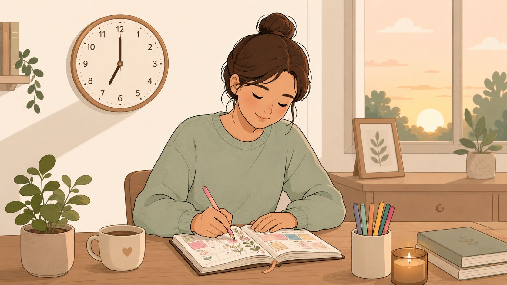 A woman with a bun sits at a desk drawing in a planner, surrounded by cozy plants.