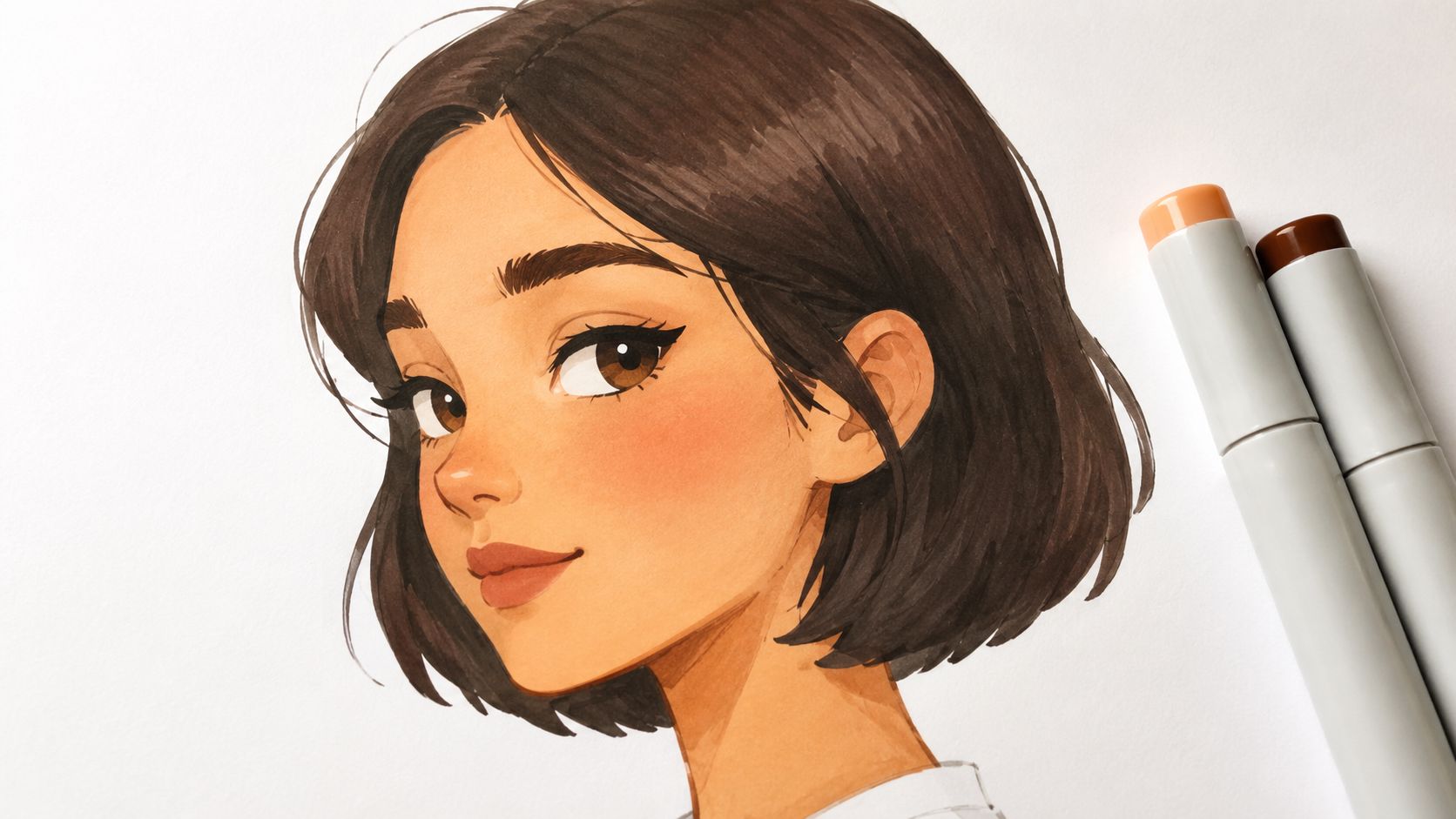 A beautiful portrait of a young woman with short brown hair drawn with alcohol markers.