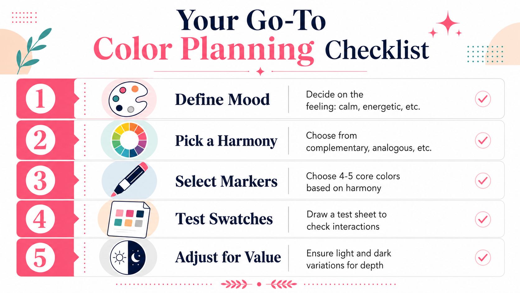 A checklist infographic titled Your Go-To Color Planning Checklist outlining five steps for choosing a color palette.