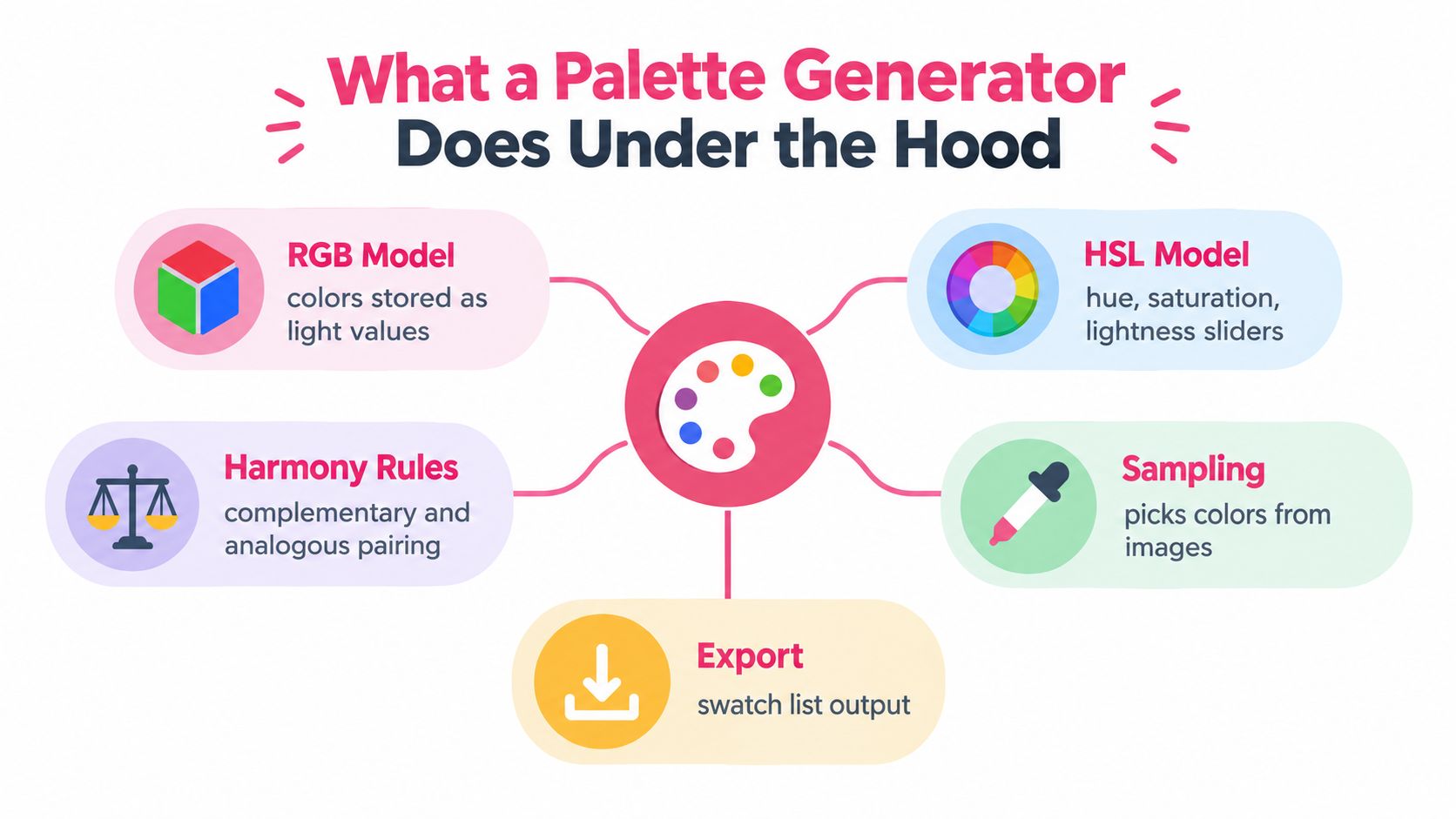 An infographic explaining how a palette generator tool works using RGB, HSL models, harmony rules, sampling, and export.
