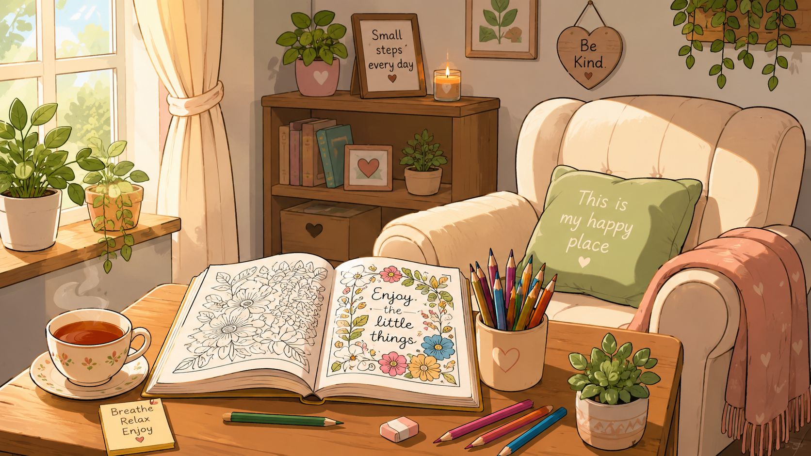 A cozy, sunlit room featuring an open coloring book, colored pencils, and a steaming cup of tea.