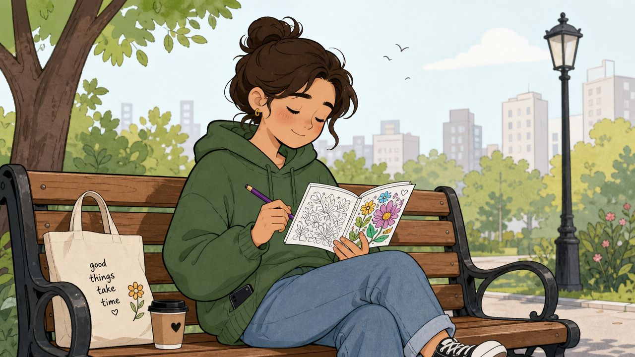A young girl with a bun sitting on a park bench while coloring in her small notebook.