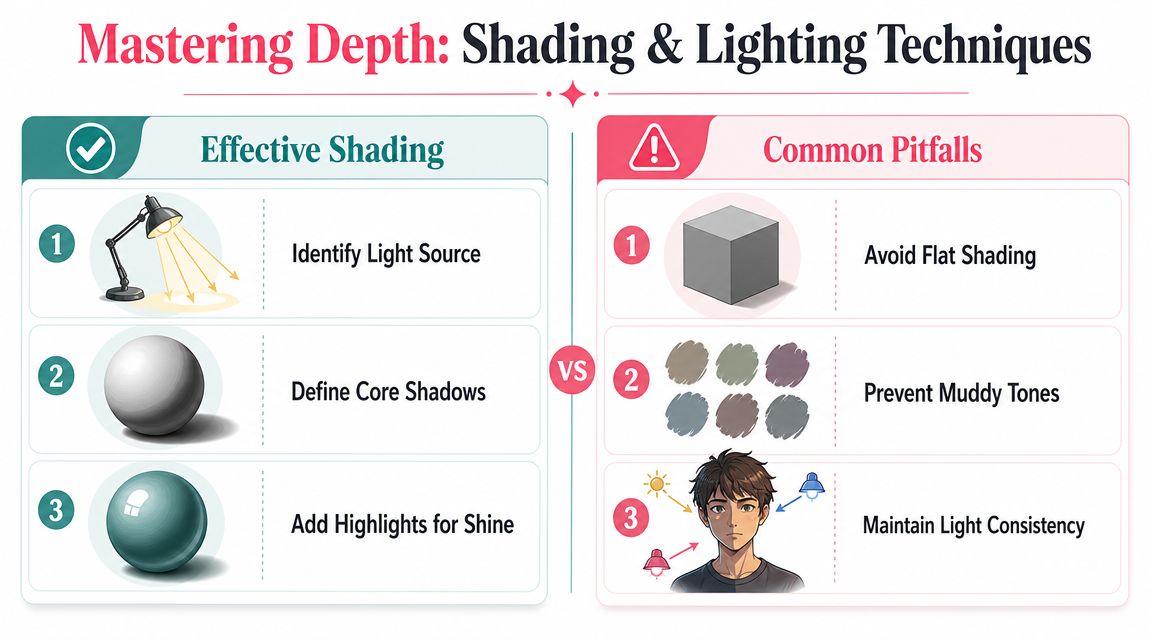 An educational infographic comparing effective shading techniques with common artistic mistakes for better character drawing.