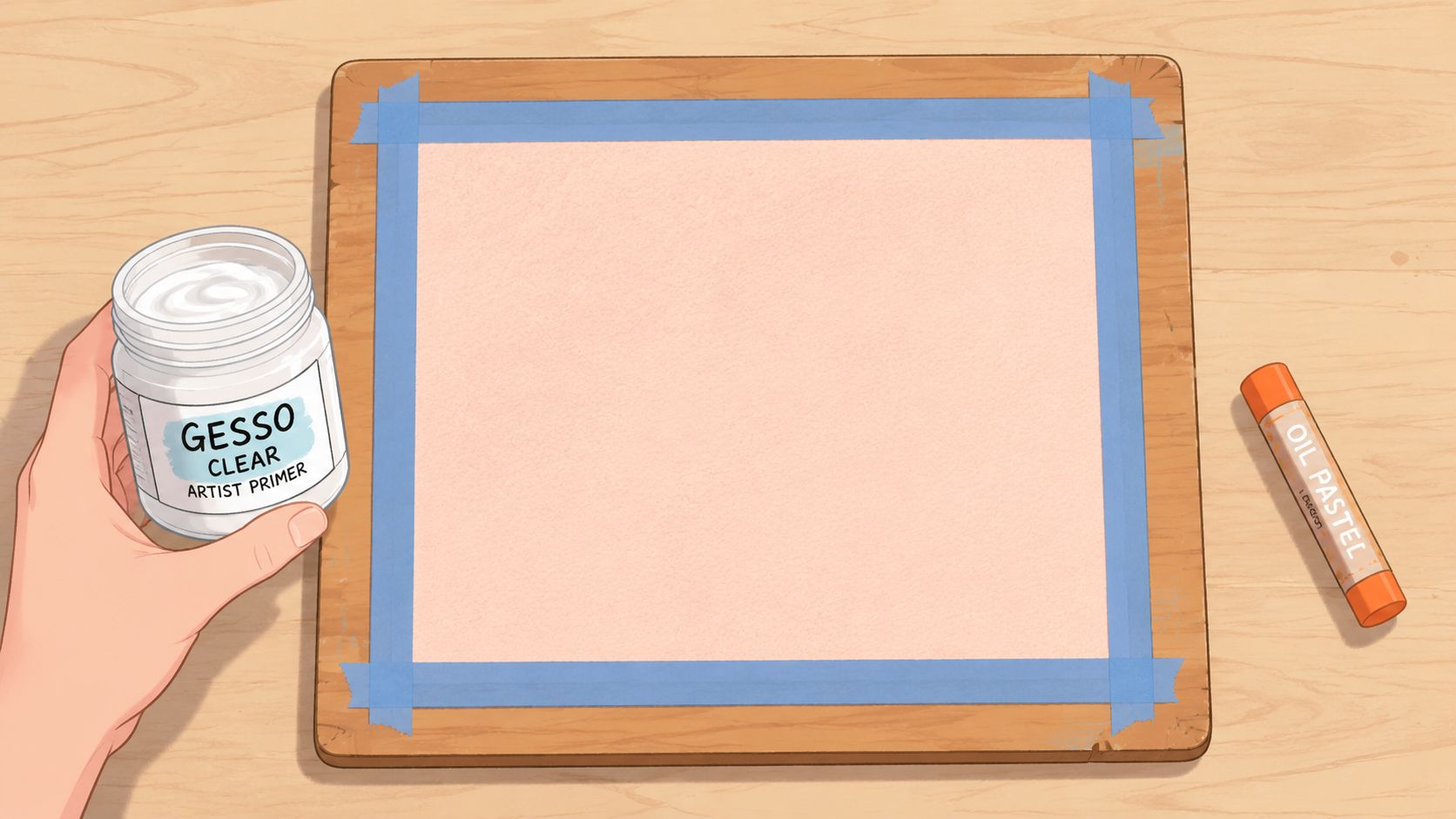 A hand holding a jar of clear gesso beside a taped-down peach-colored sheet of paper.