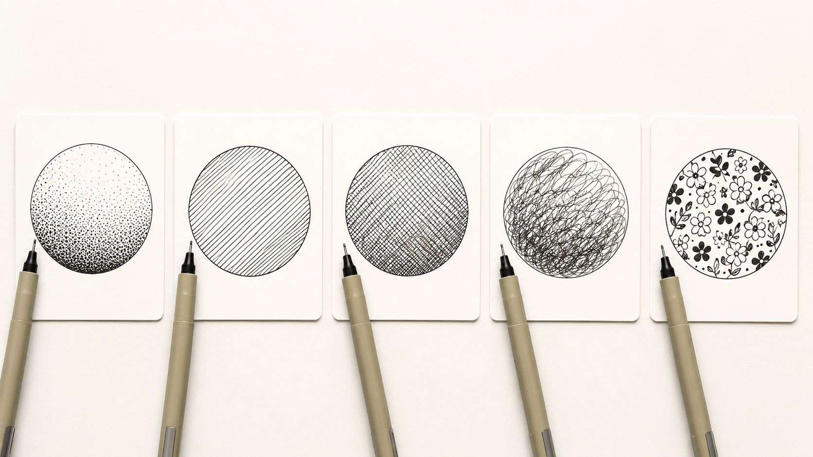 Five white cards displayed with varying black ink patterns including stippling, hatching, cross-hatching, scribbling, and floral designs.