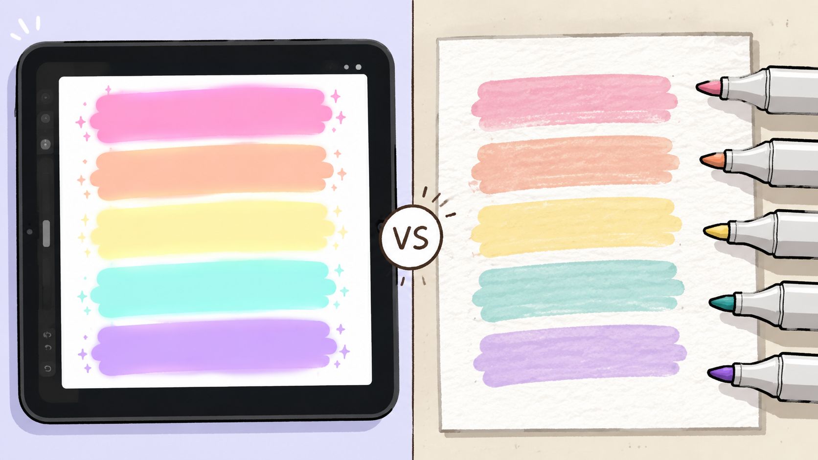 A split image comparing digital drawing on a tablet versus traditional marker coloring using pastel colors.