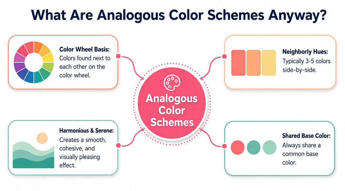 An infographic explaining analogous color schemes using a color wheel, color swatches, and descriptive labels.
