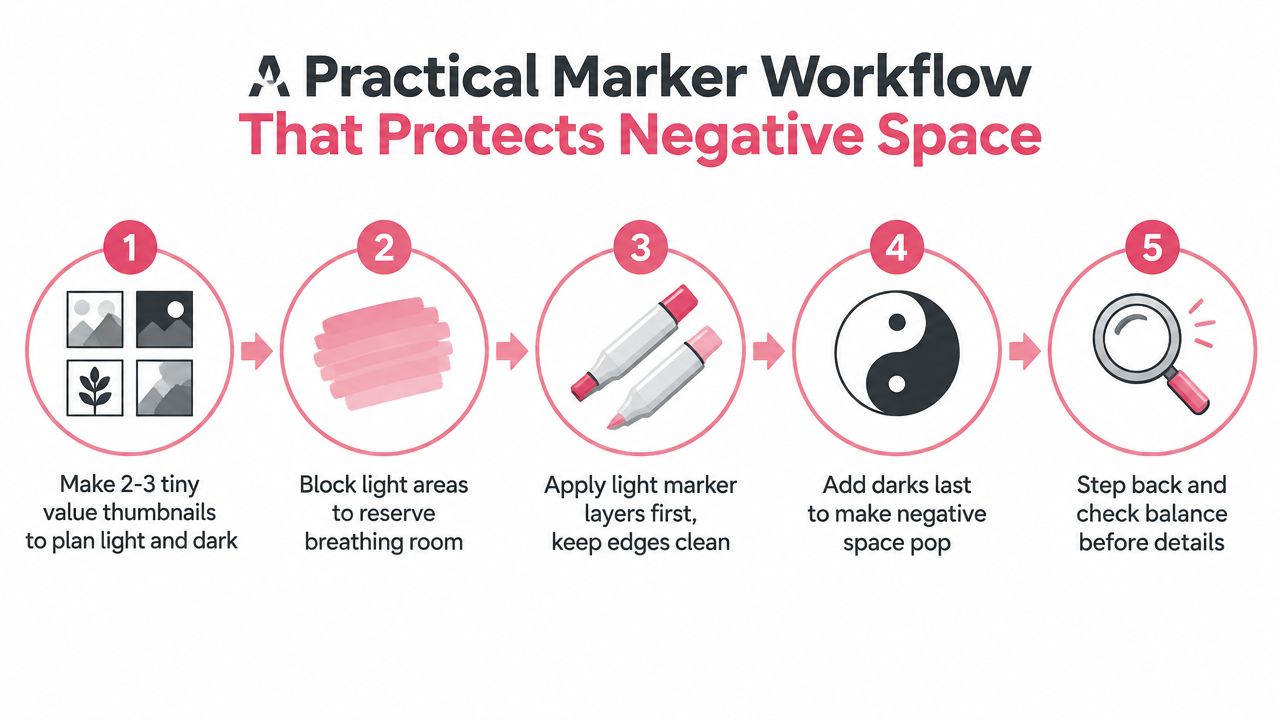 An infographic detailing a five-step marker art workflow to effectively plan and protect negative space.