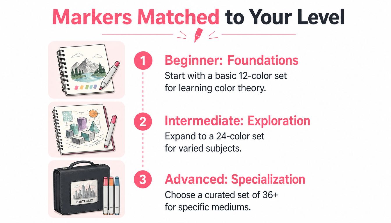 A guide showing the recommended number of markers for beginner, intermediate, and advanced artists to improve their sketching.