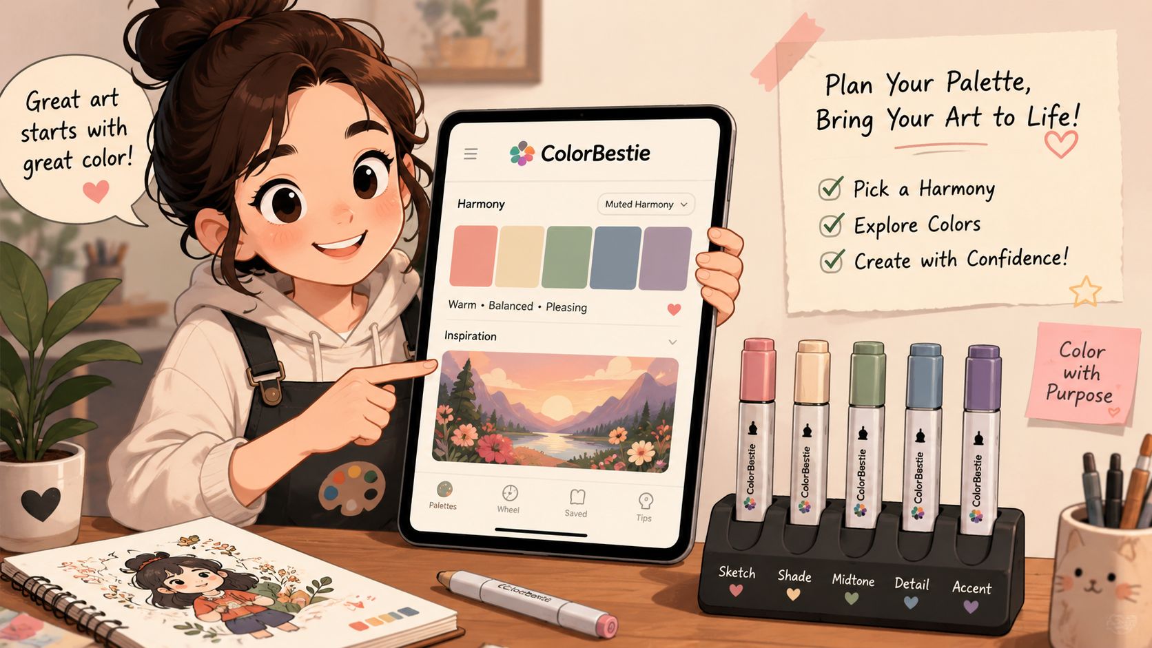 A friendly artist showing a tablet app for choosing color palettes next to alcohol markers.