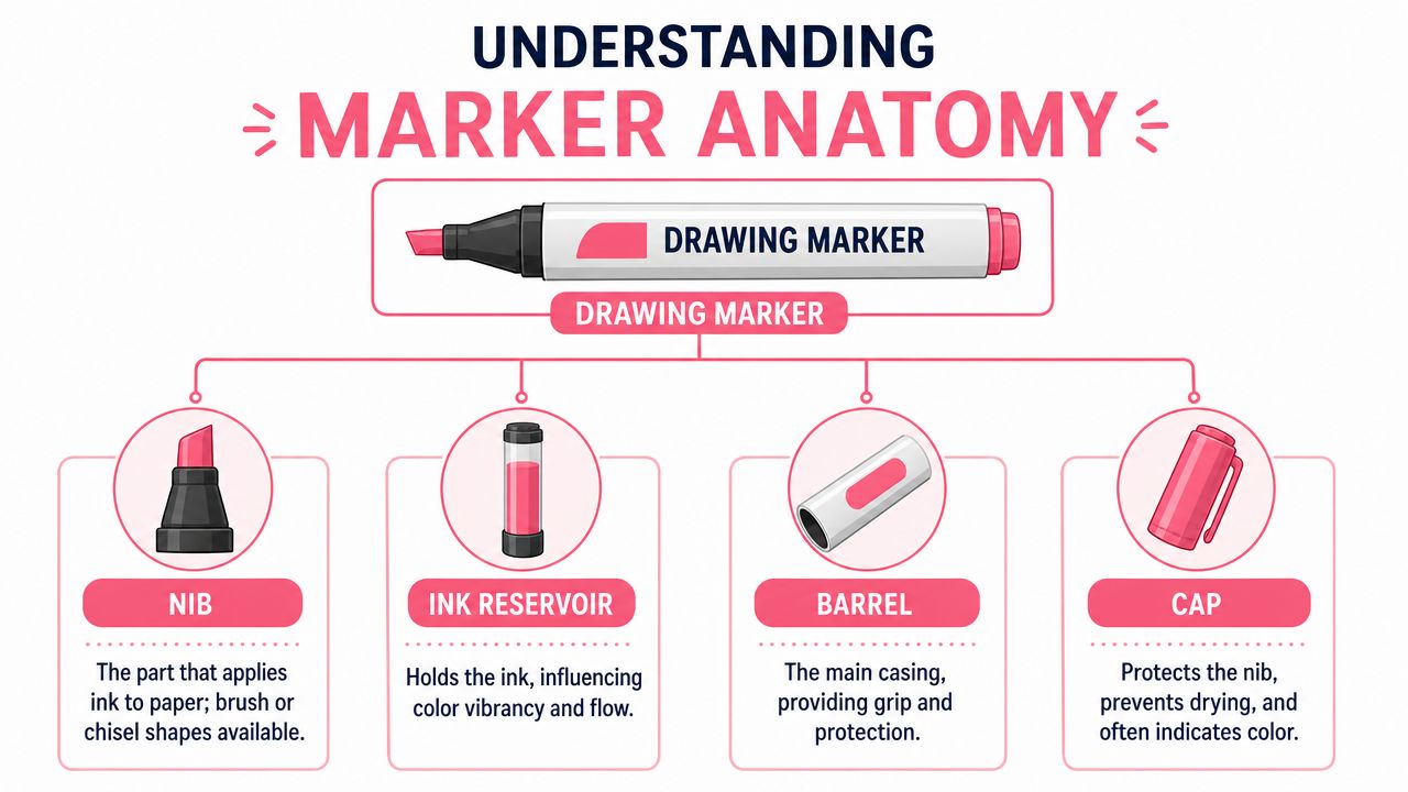 A diagram titled Understanding Marker Anatomy showing the labeled parts of a drawing marker including nib, ink reservoir, barrel, and cap.
