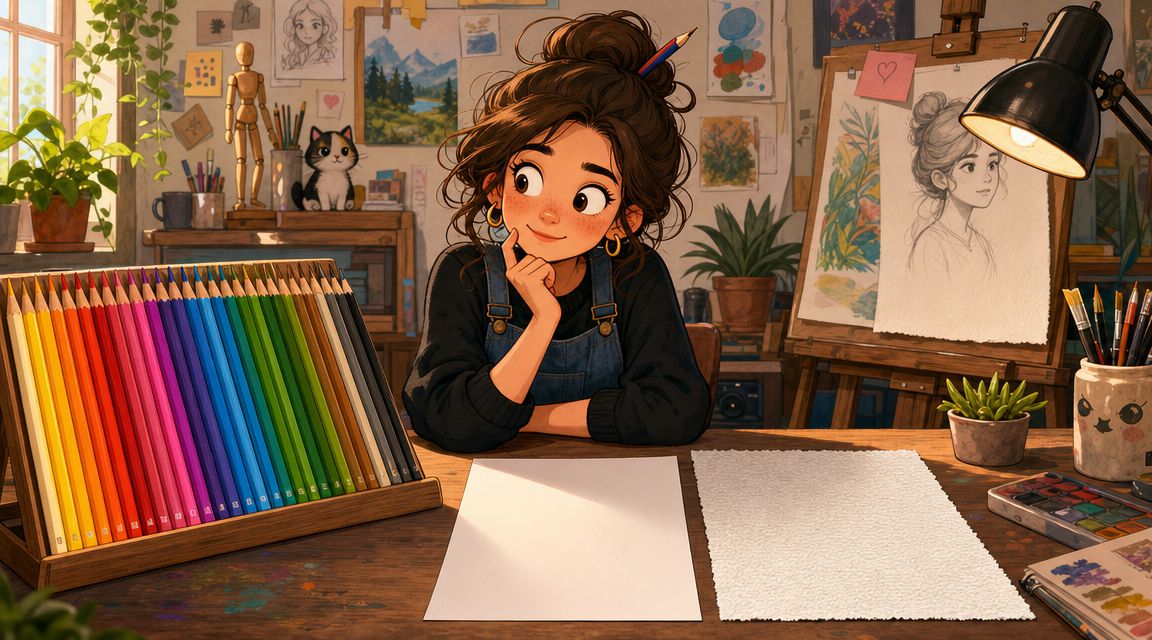 An artistic young woman sitting at her wooden desk with a collection of vibrant colored pencils.