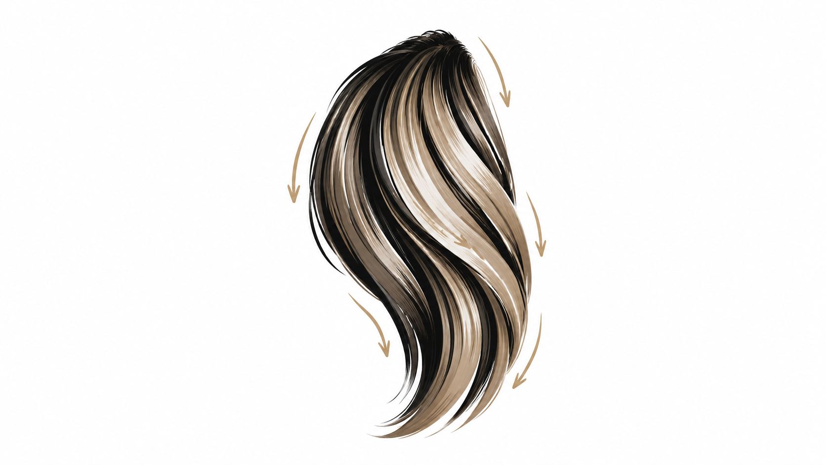 A digital illustration showing a thick, wavy lock of blonde and brunette hair with directional arrows.