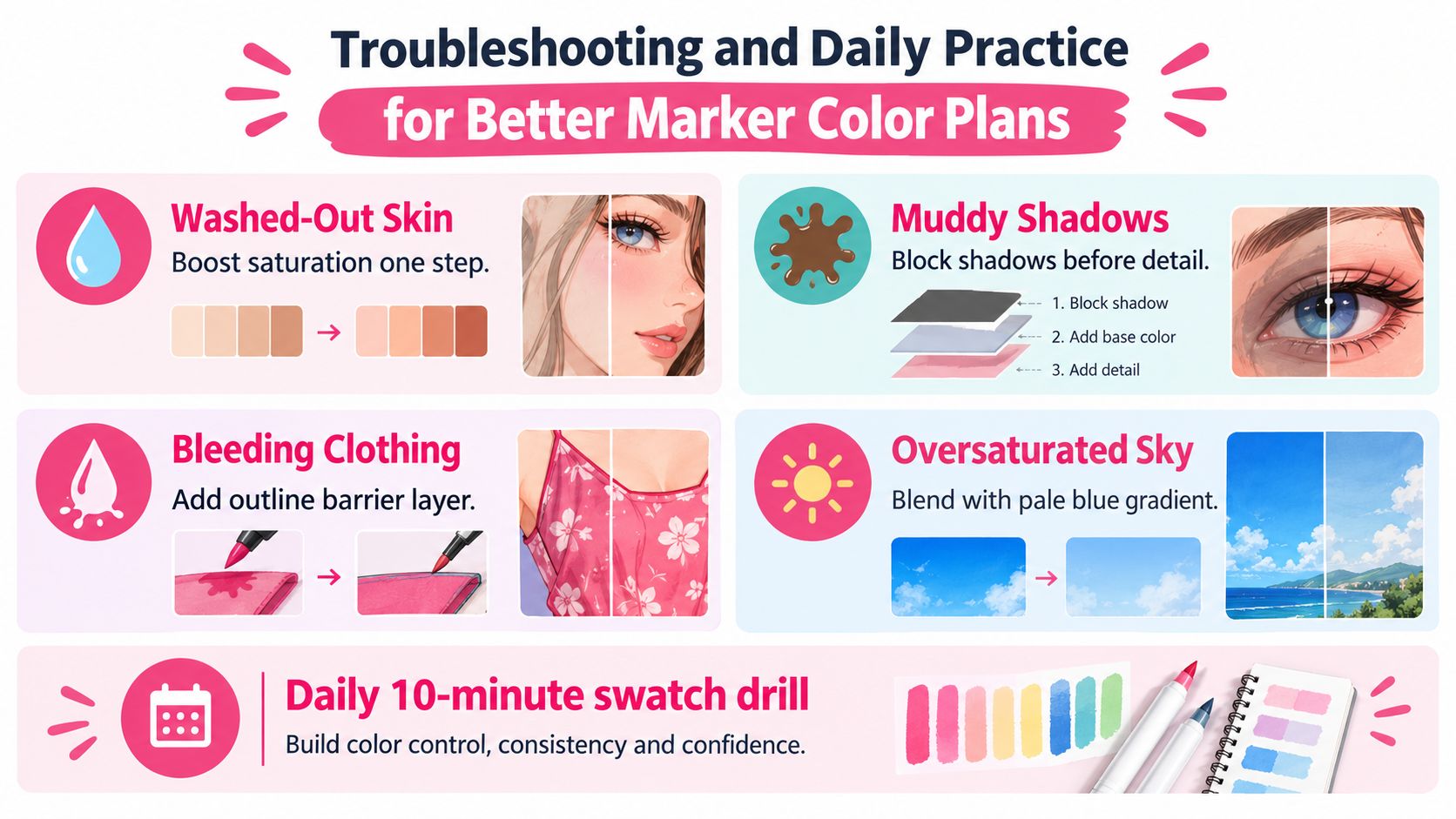 An infographic titled Troubleshooting and Daily Practice for Better Marker Color Plans, offering tips for marker artists.