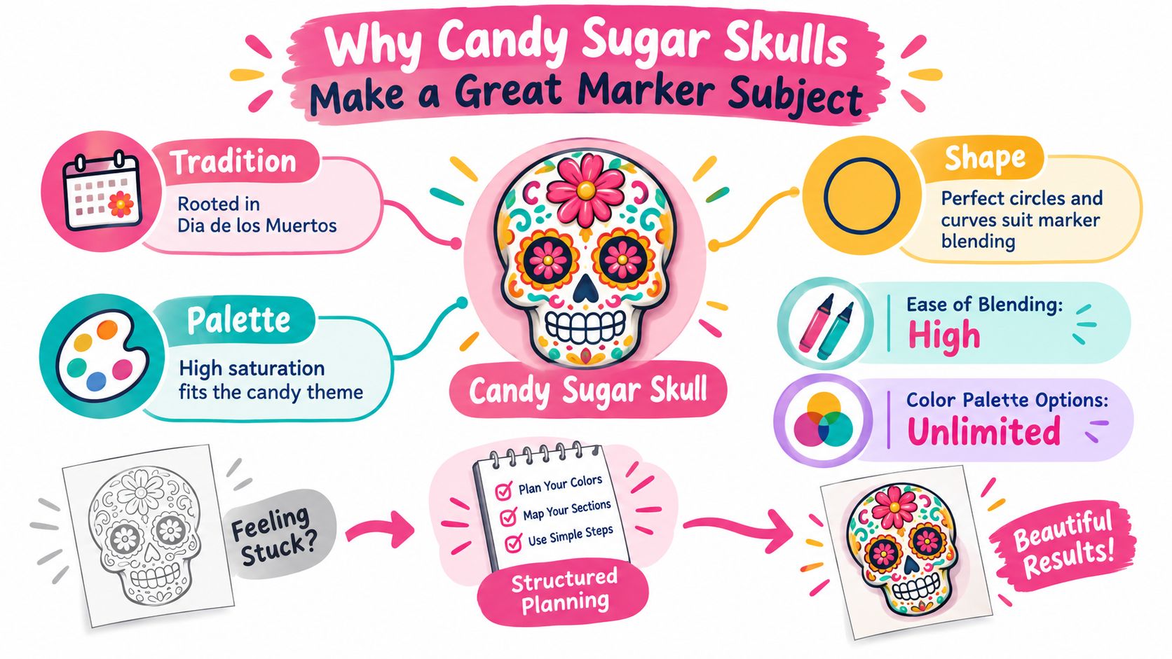 An infographic titled Why Candy Sugar Skulls Make a Great Marker Subject showing artistic benefits.