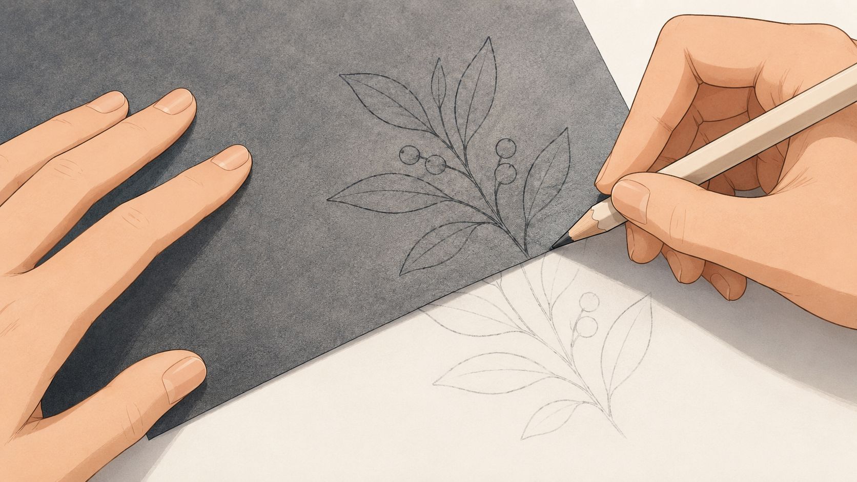 A hand uses a pencil to trace a botanical leaf design onto dark transfer paper on white paper.