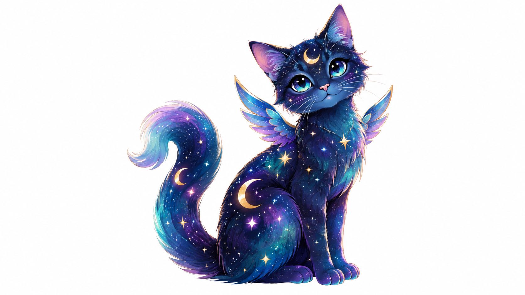 A majestic galaxy-themed kitten with wings and star patterns, glowing against a plain white background.