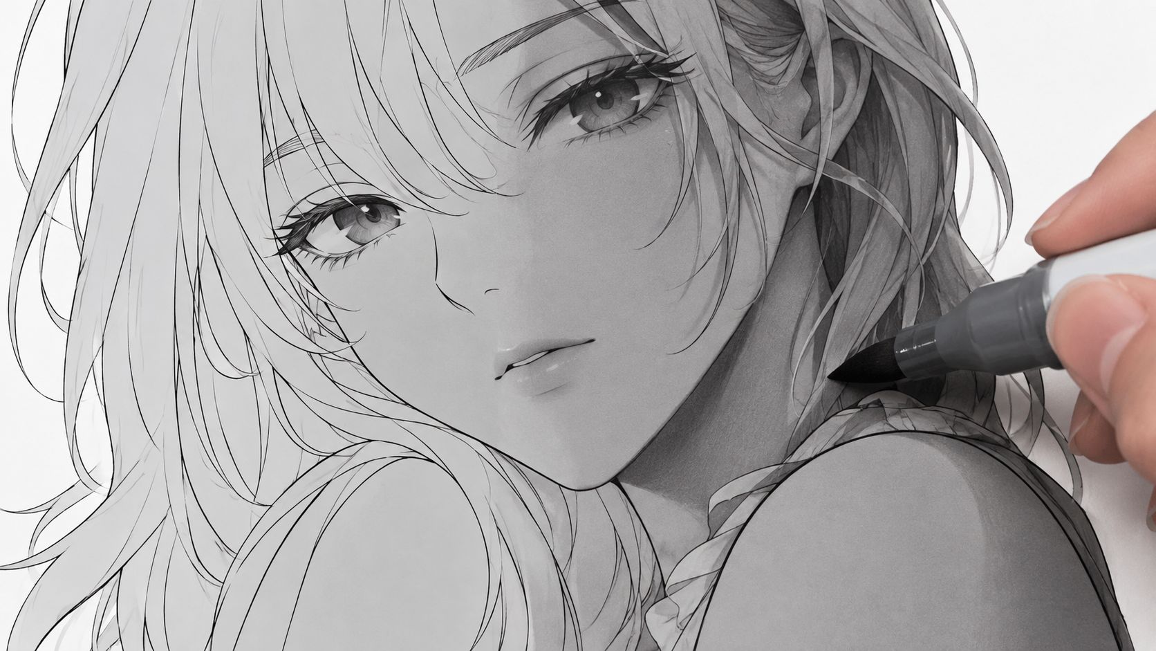 A close-up view of a hand coloring a detailed black and white manga character illustration with markers.