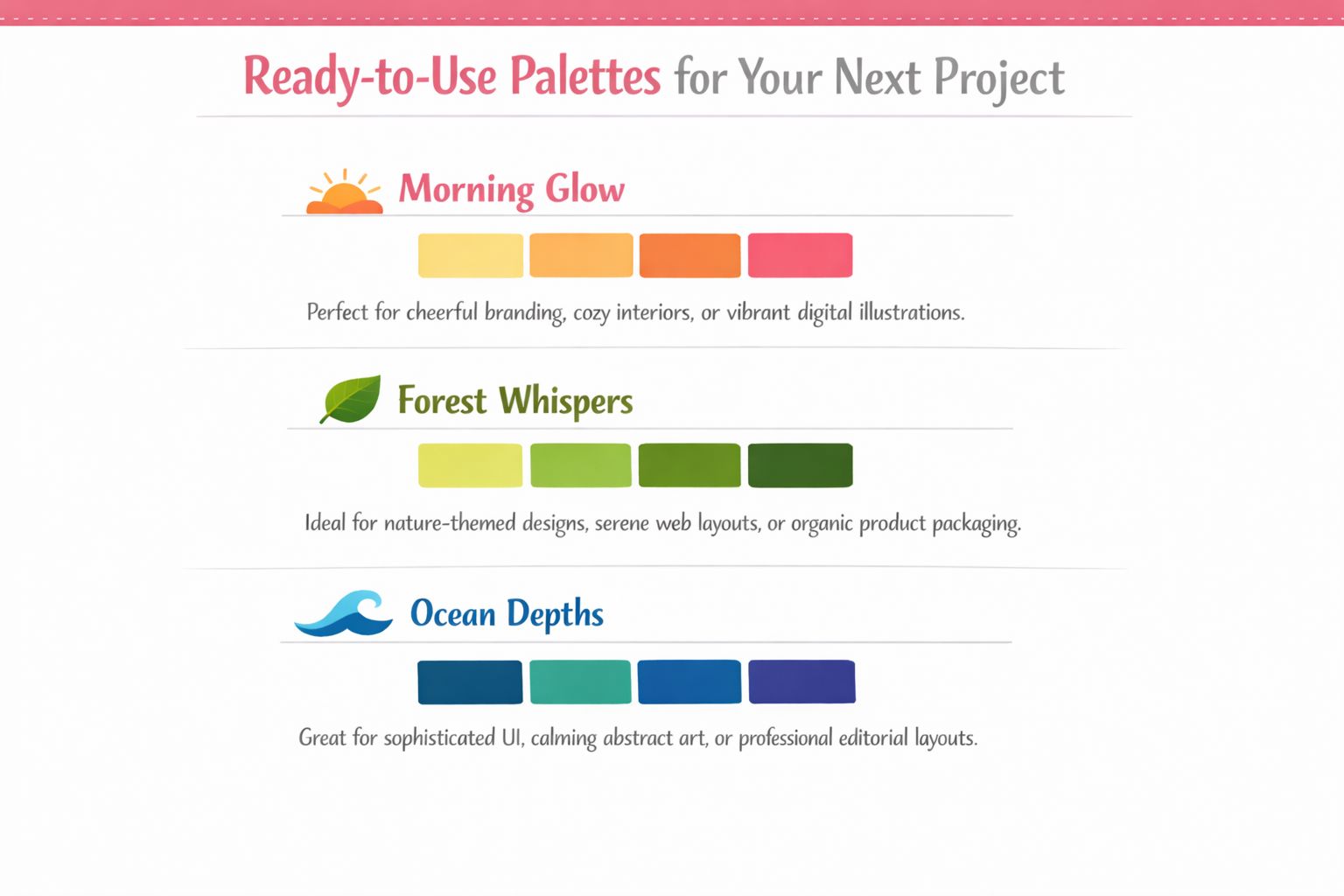 Three color palettes displayed with icons representing Morning Glow, Forest Whispers, and Ocean Depths design themes.