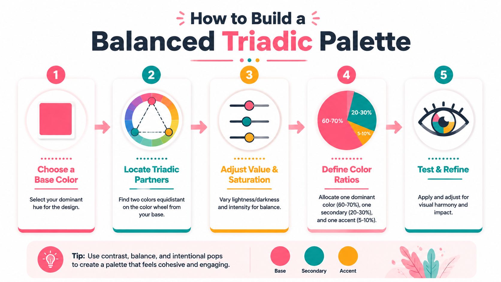 A five-step infographic showing how to build a balanced triadic color scheme for design projects.