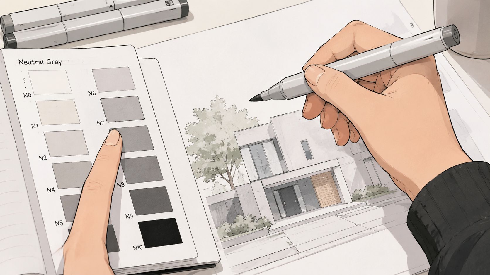 An artist hand holds a marker over a architectural drawing while using a color swatch booklet.
