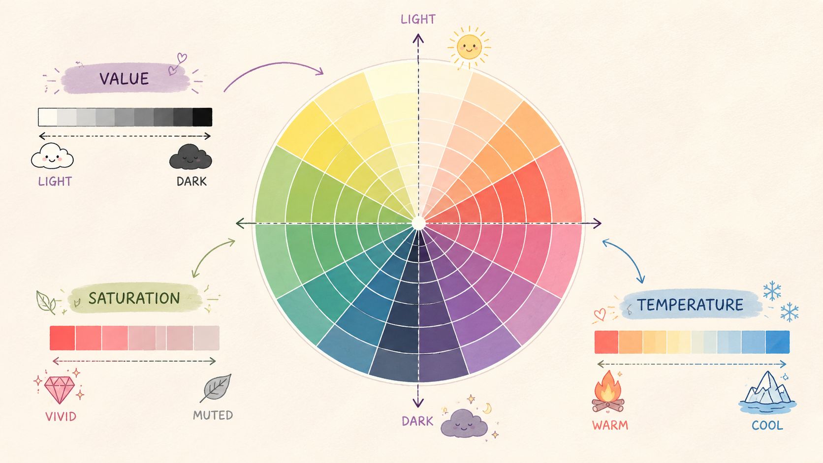 A colorful infographic wheel illustrating the concepts of color value, saturation, and temperature in art theory.