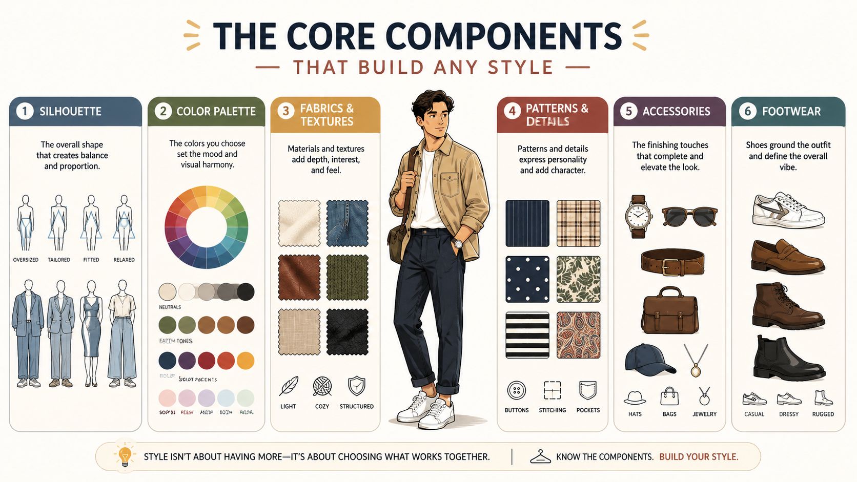 An infographic titled The Core Components That Build Any Style, showing clothing elements like silhouettes and textures.