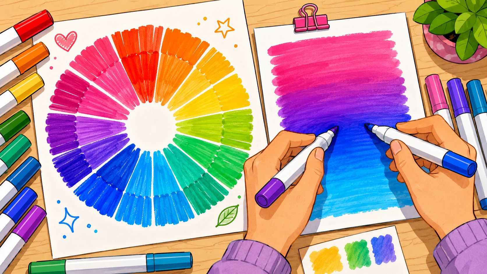 An artist coloring a gradient drawing next to a color wheel with various markers on a desk.
