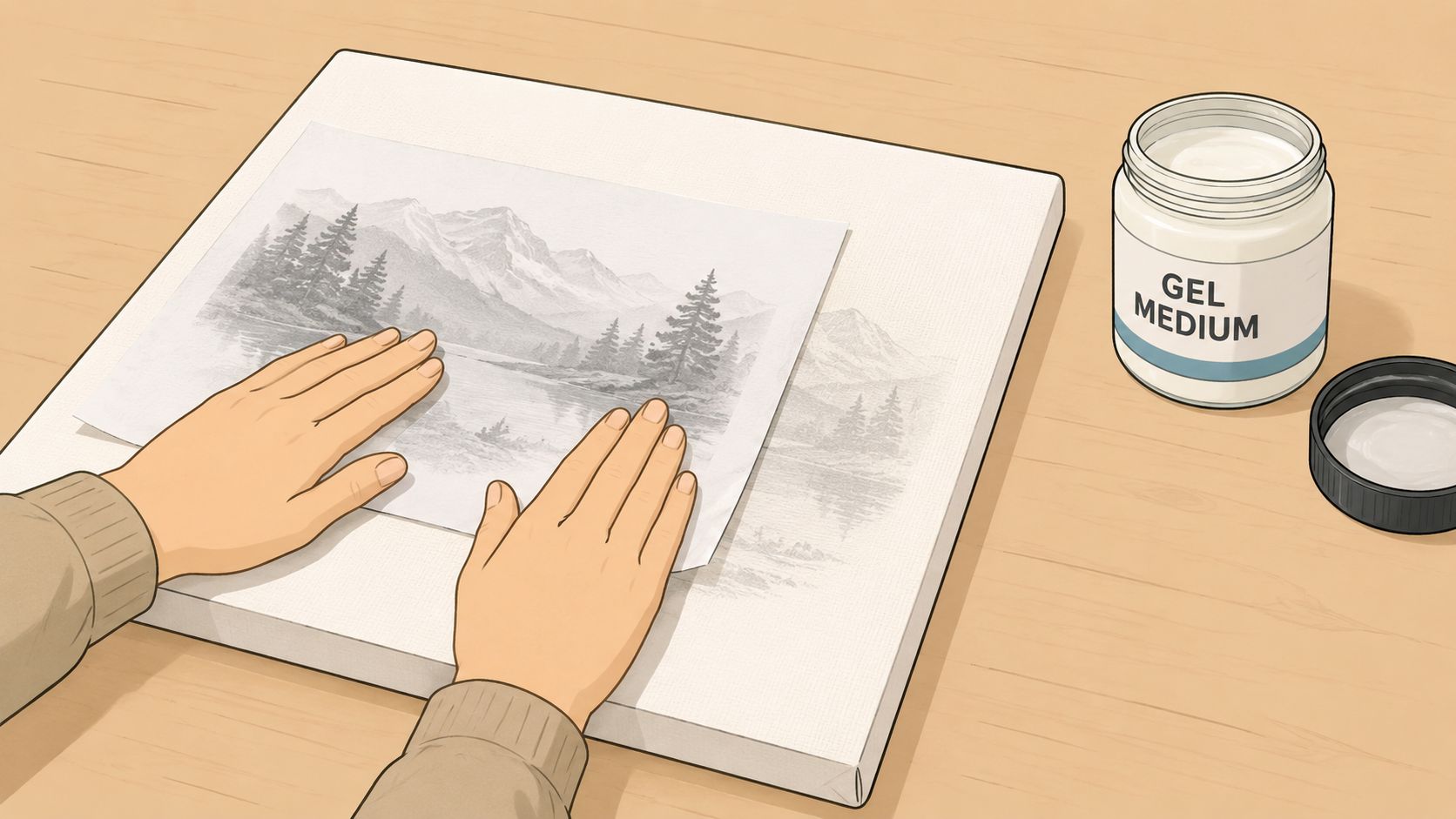 A person carefully applying a landscape paper print onto a white canvas using art gel medium.