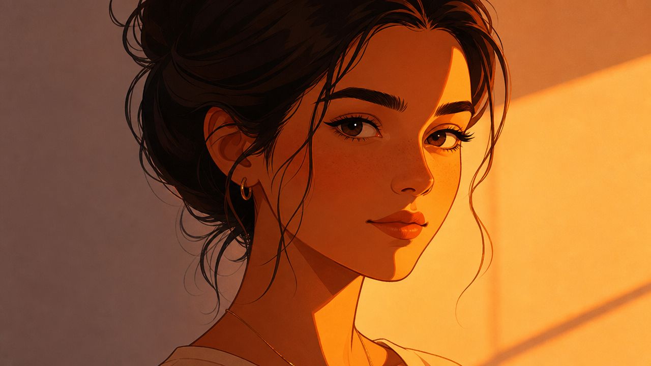 A close-up portrait of a young woman with dark hair illuminated by warm, golden sunset lighting.