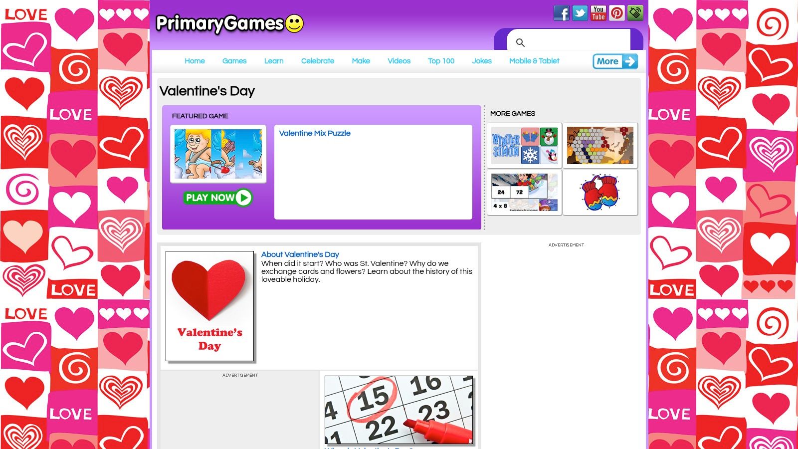 PrimaryGames – Valentine's Coloring Pages and Printables