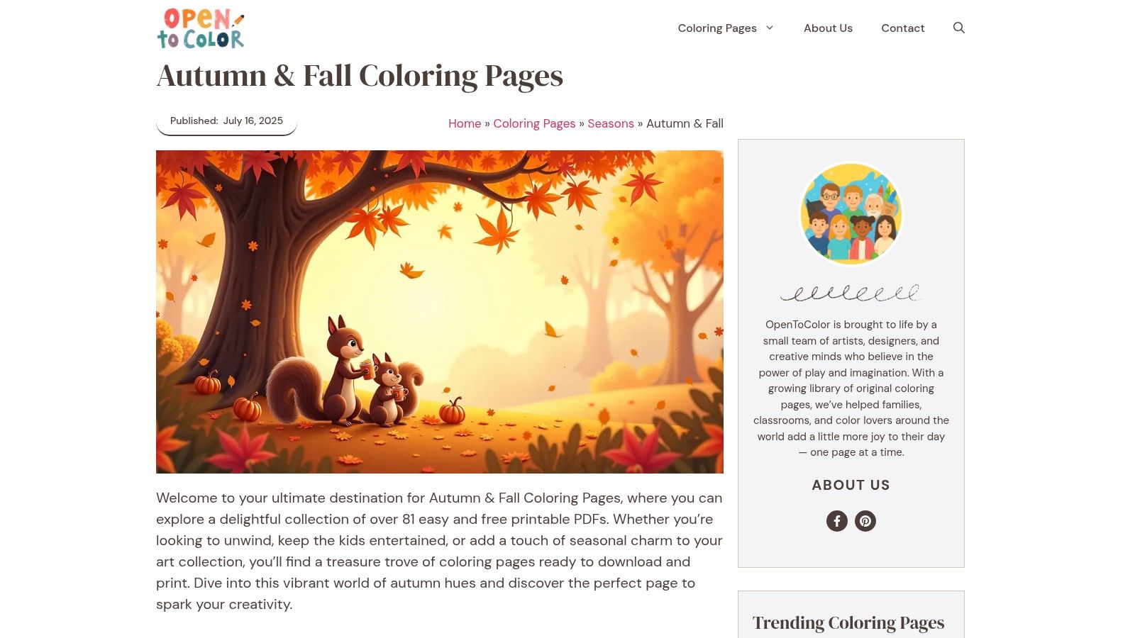 OpenToColor, Autumn & Fall Coloring Pages