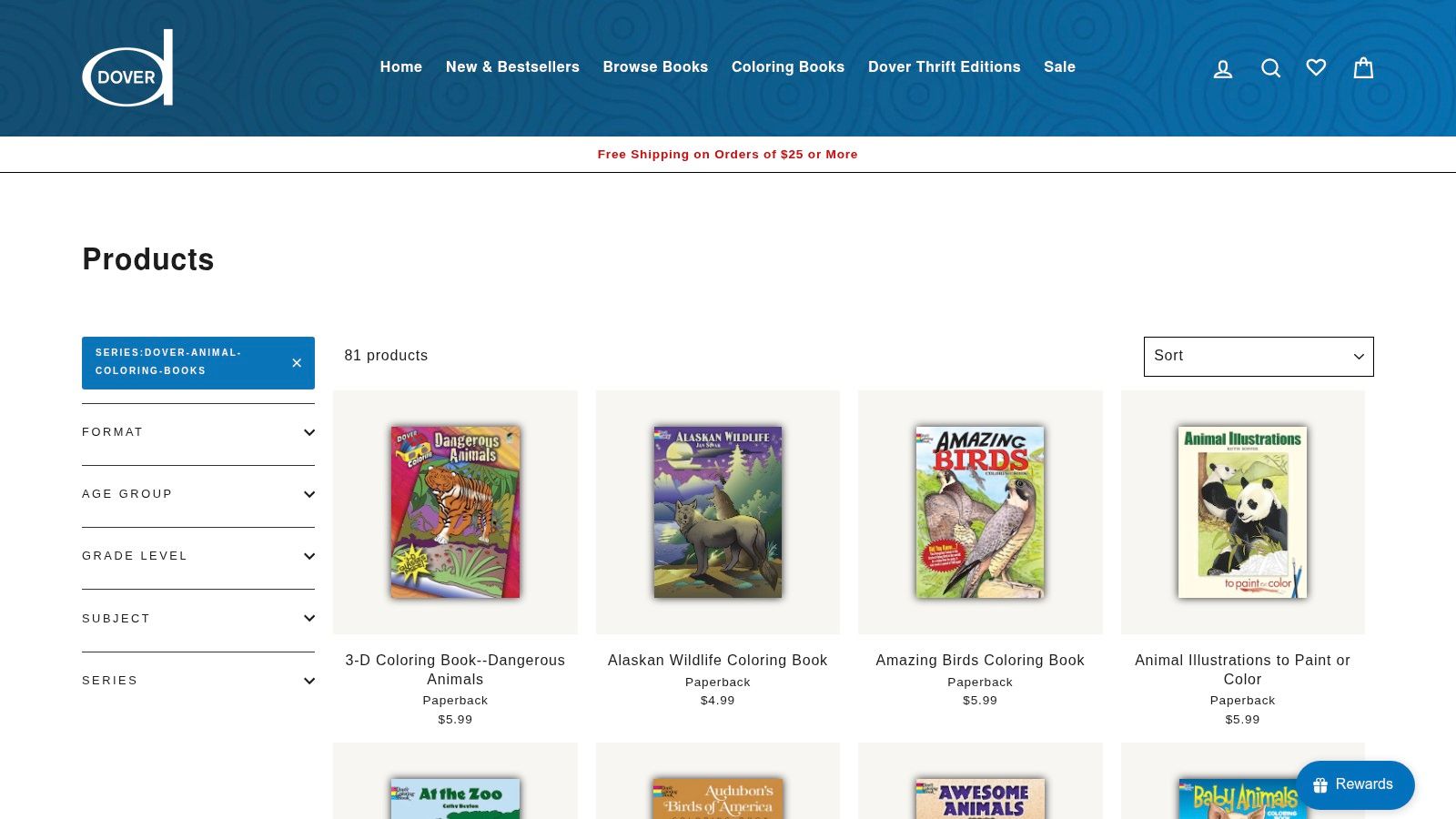 Dover Publications – Animal Coloring (books + free samples)