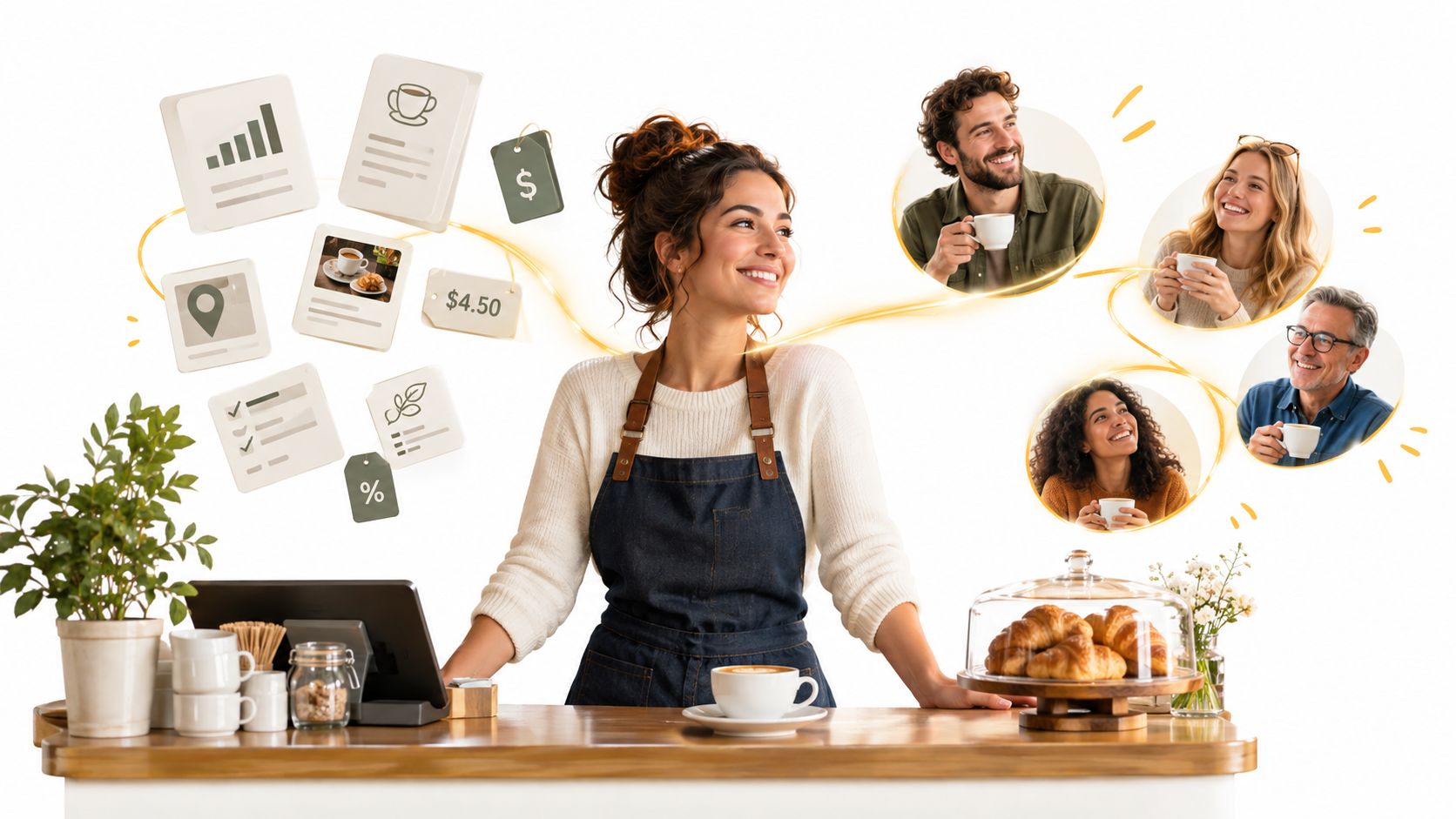 A friendly coffee shop barista smiling while connecting with happy customers and various business menu icons.
