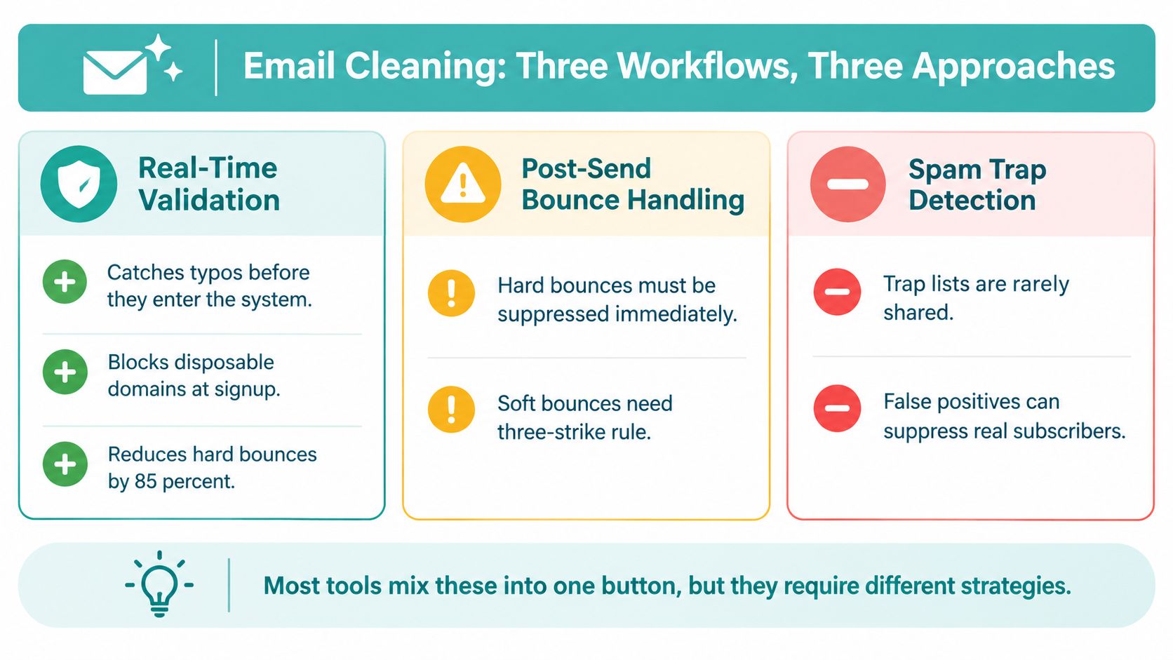 A diagram illustrating three distinct email cleaning workflows: real-time validation, post-send bounce handling, and spam trap detection.