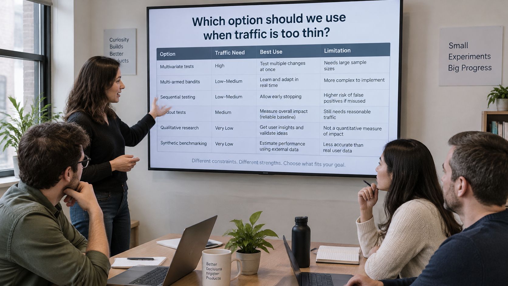 A presenter explaining a chart about A/B testing options for low traffic websites to a small group.