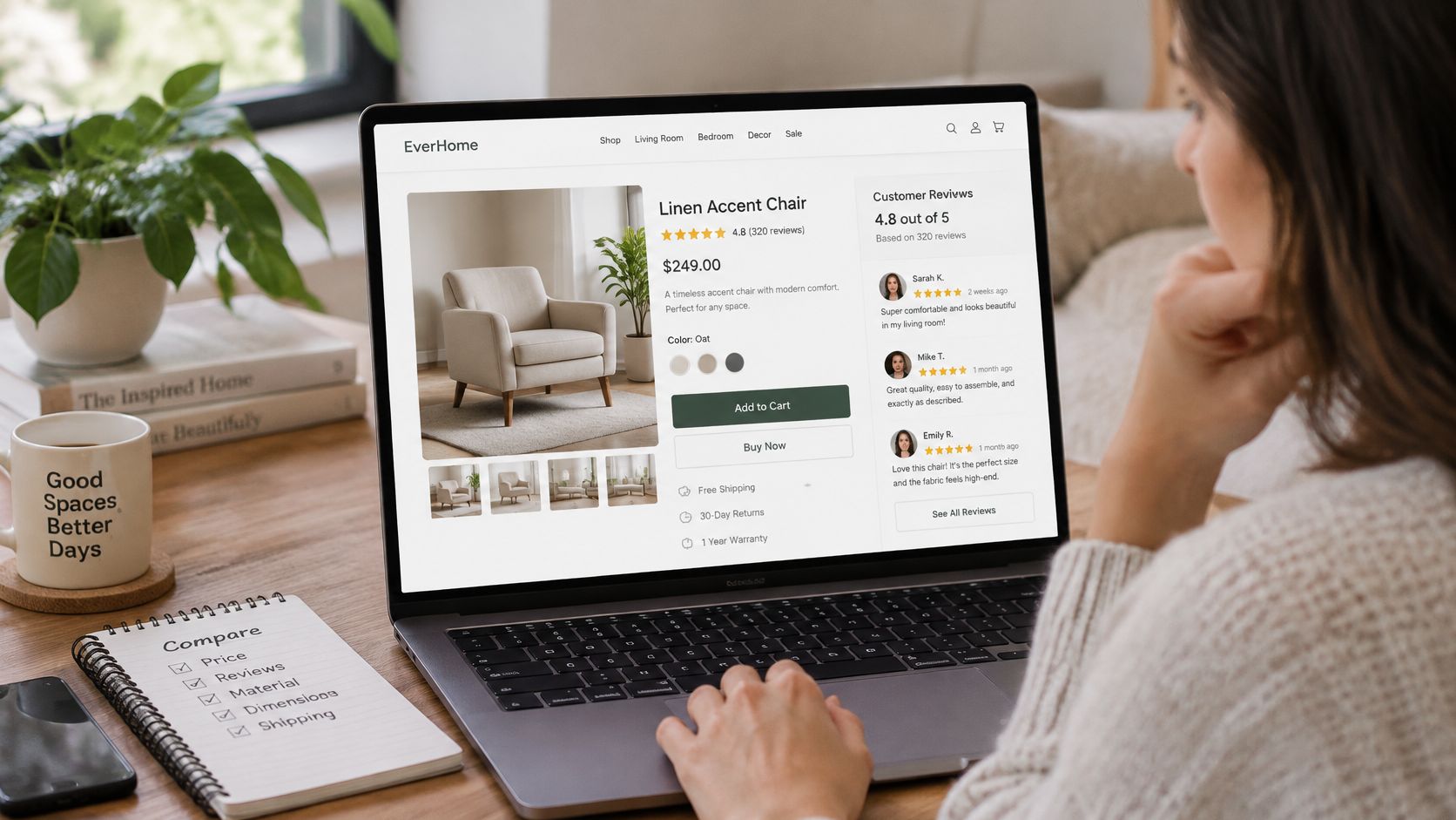A woman looks at a laptop screen displaying a product page with customer reviews for an accent chair.