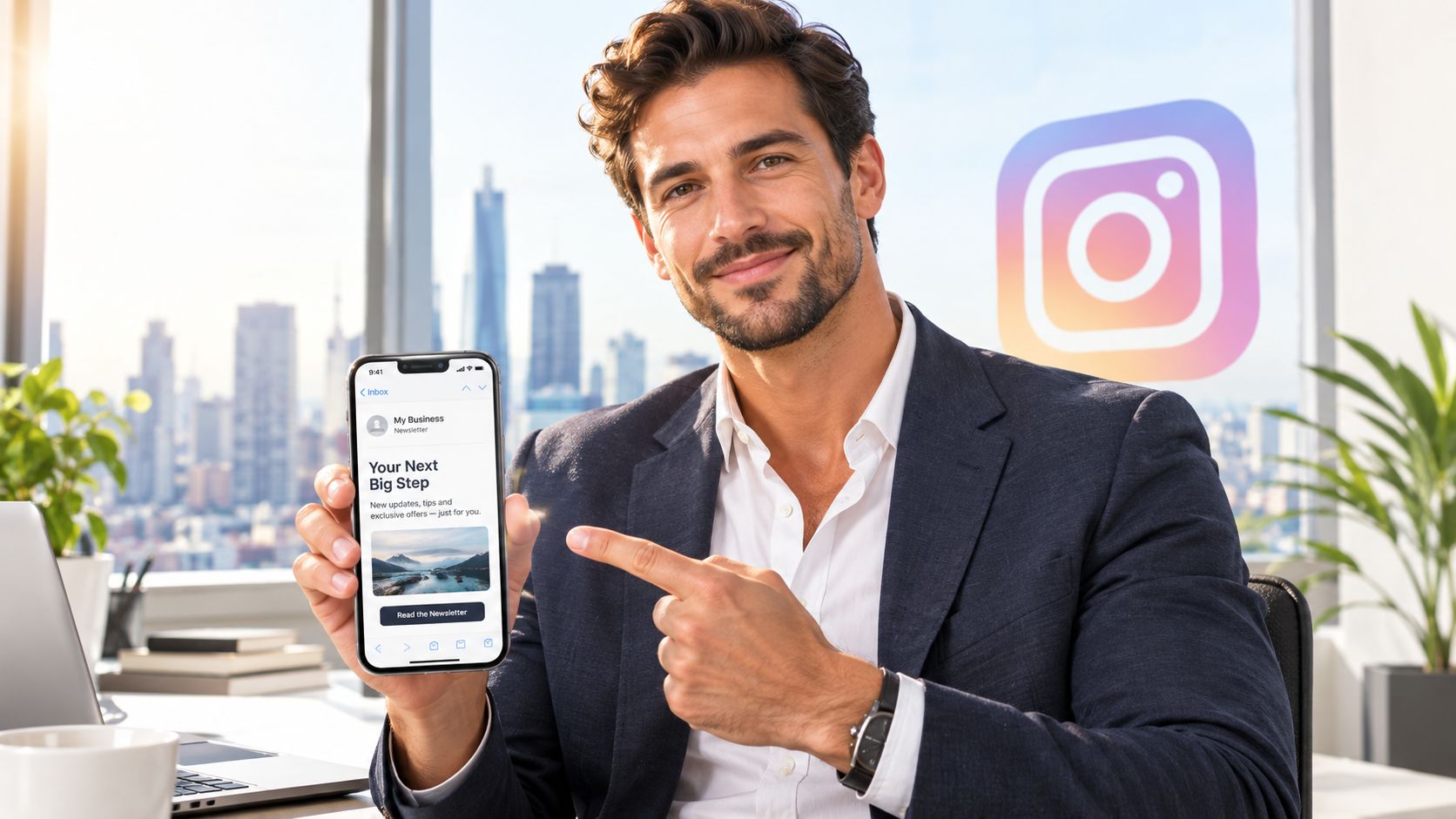 A professional man holding a smartphone displaying a business email newsletter in a modern bright office.