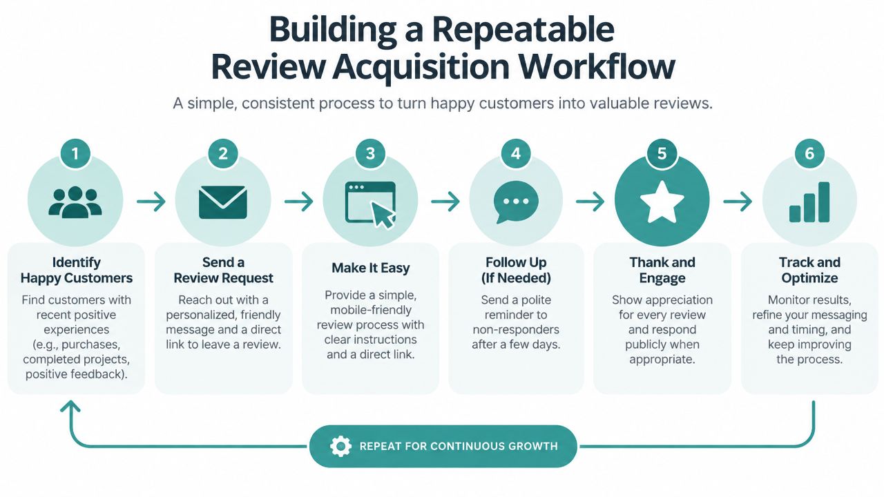 A six-step infographic illustrating a repeatable workflow for acquiring positive customer reviews for service businesses.