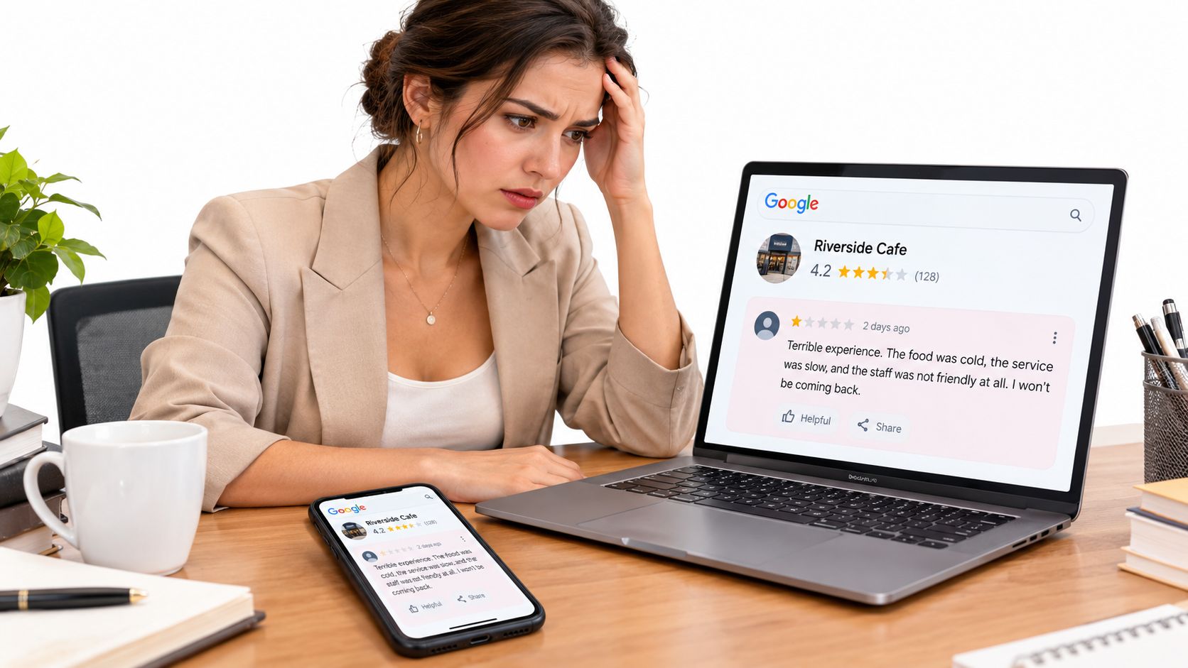 A concerned woman sitting at a desk looking at a negative online business review on her laptop screen.