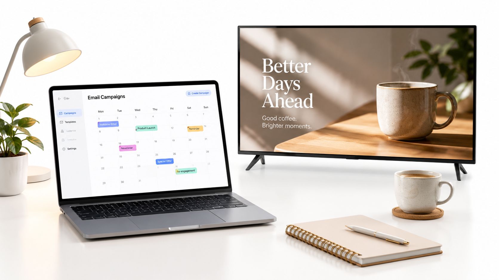 A modern home office setup featuring a laptop displaying an email marketing calendar alongside a digital display.