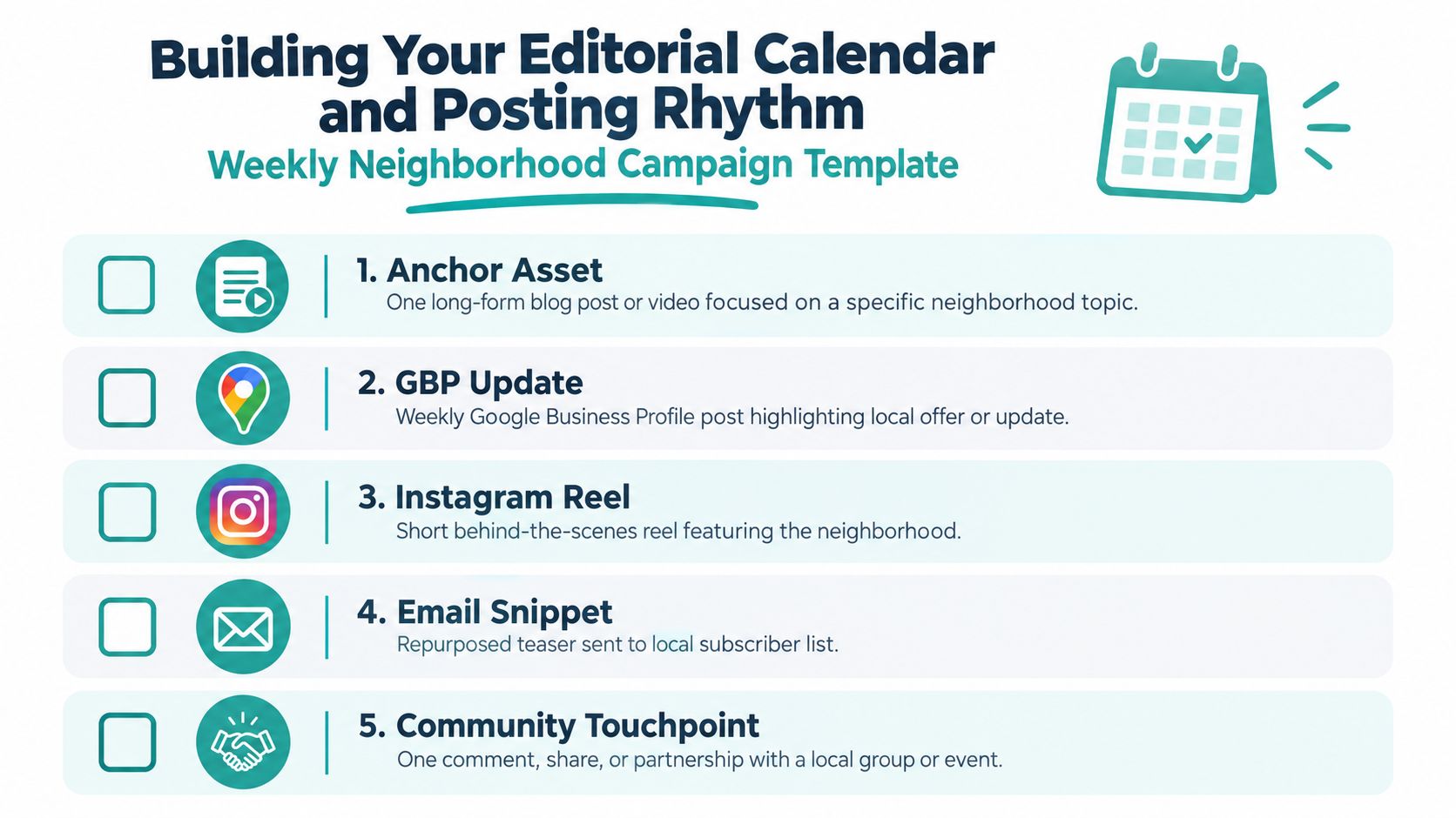 A checklist template outlining a weekly hyperlocal content marketing strategy for neighborhood engagement and social media growth.