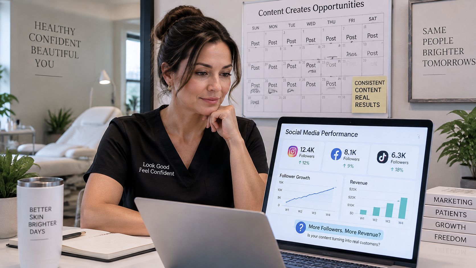 A professional woman in medical scrubs reviews social media performance analytics on her laptop in an office.