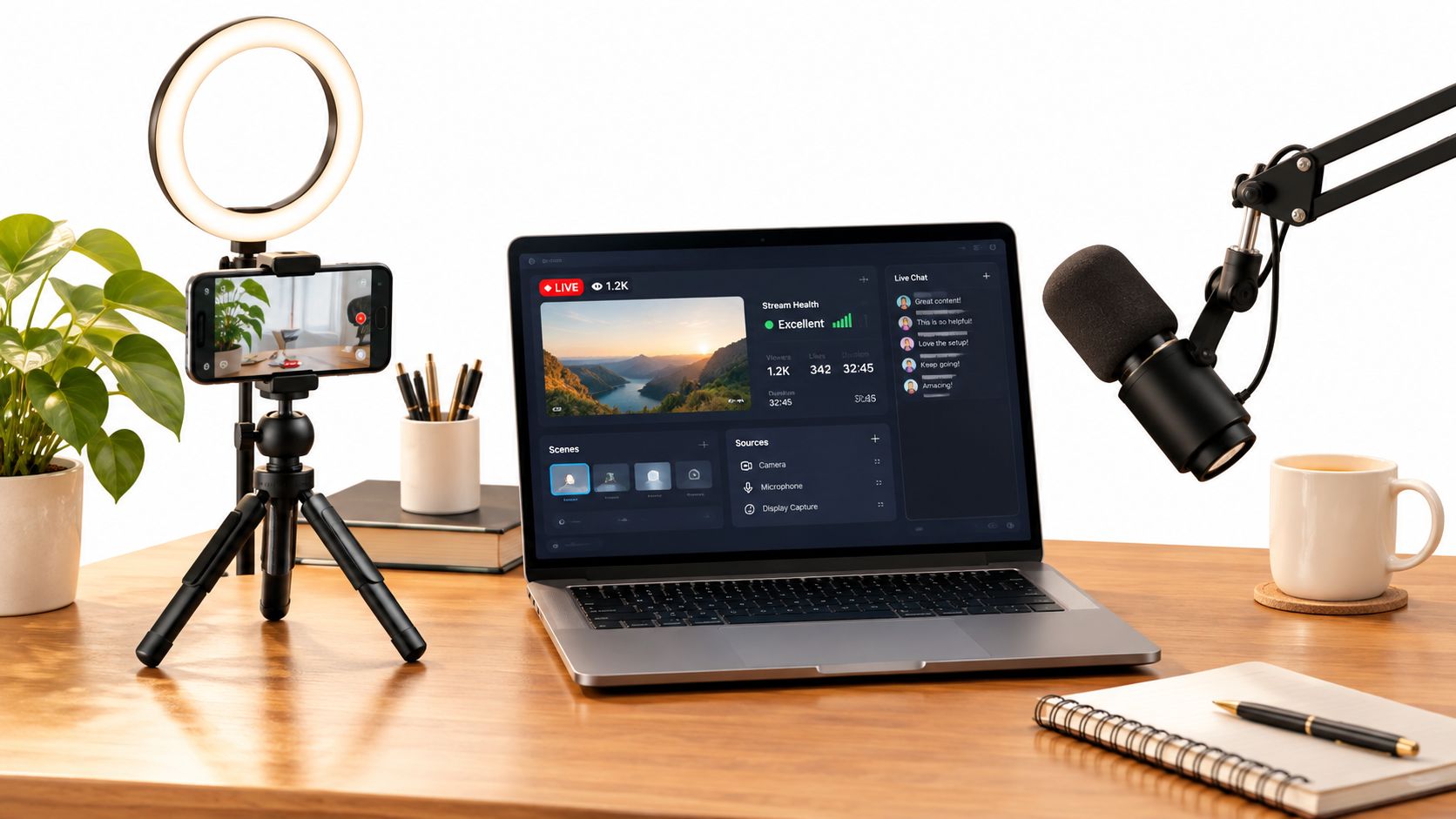 A professional streaming setup on a wooden desk with a laptop, ring light, smartphone, and microphone.
