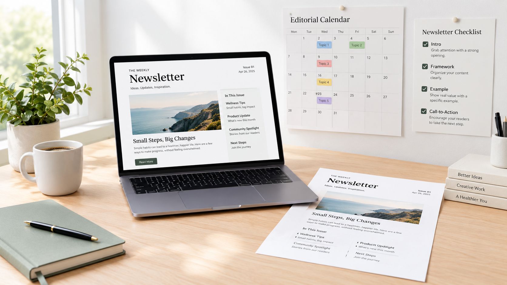 A modern home office setup featuring a laptop displaying a newsletter, an editorial calendar, and printed documents.