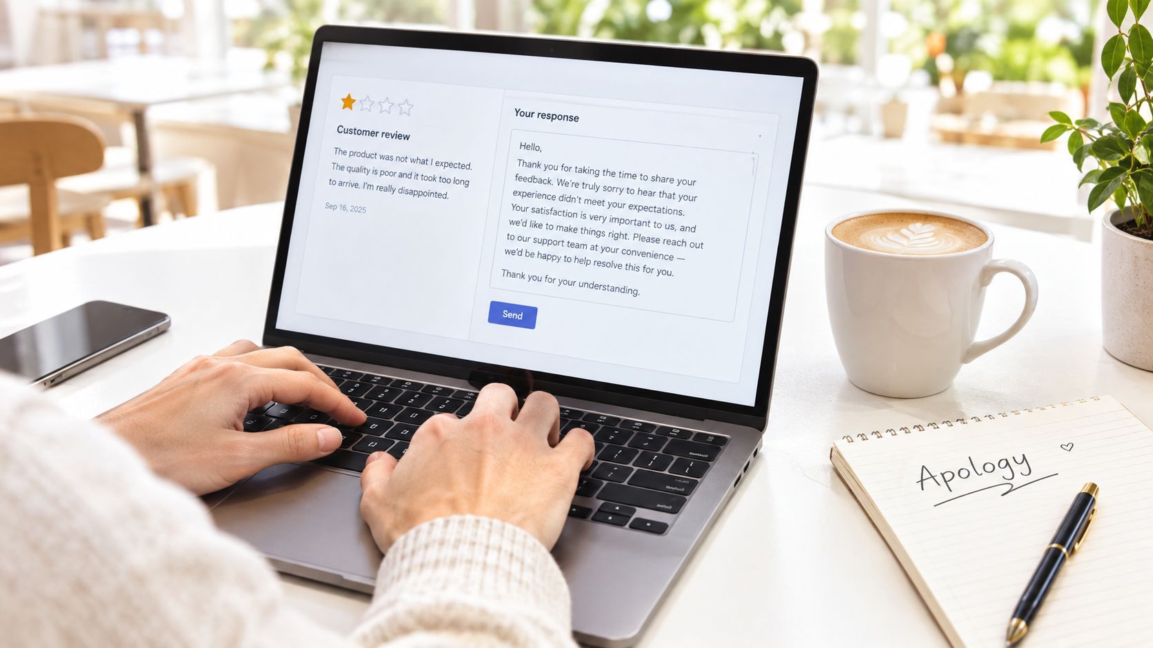 A person typing a professional response to a negative customer review on a laptop computer screen.
