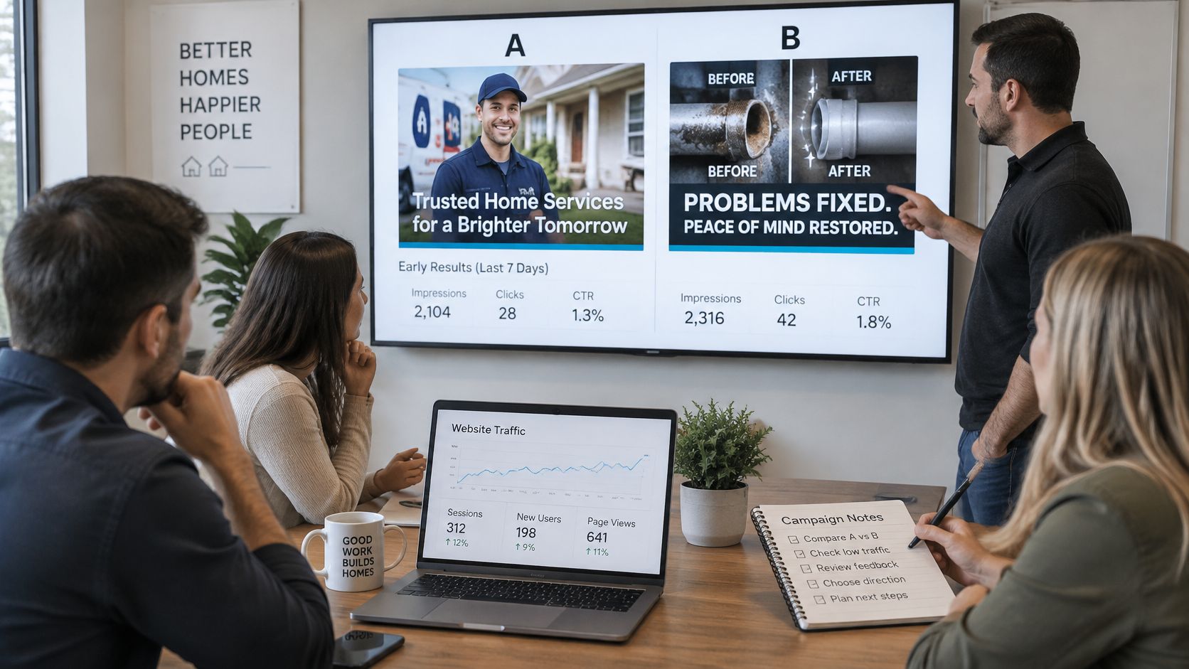A marketing team evaluates A/B testing results comparing two advertisement strategies for a home services company.