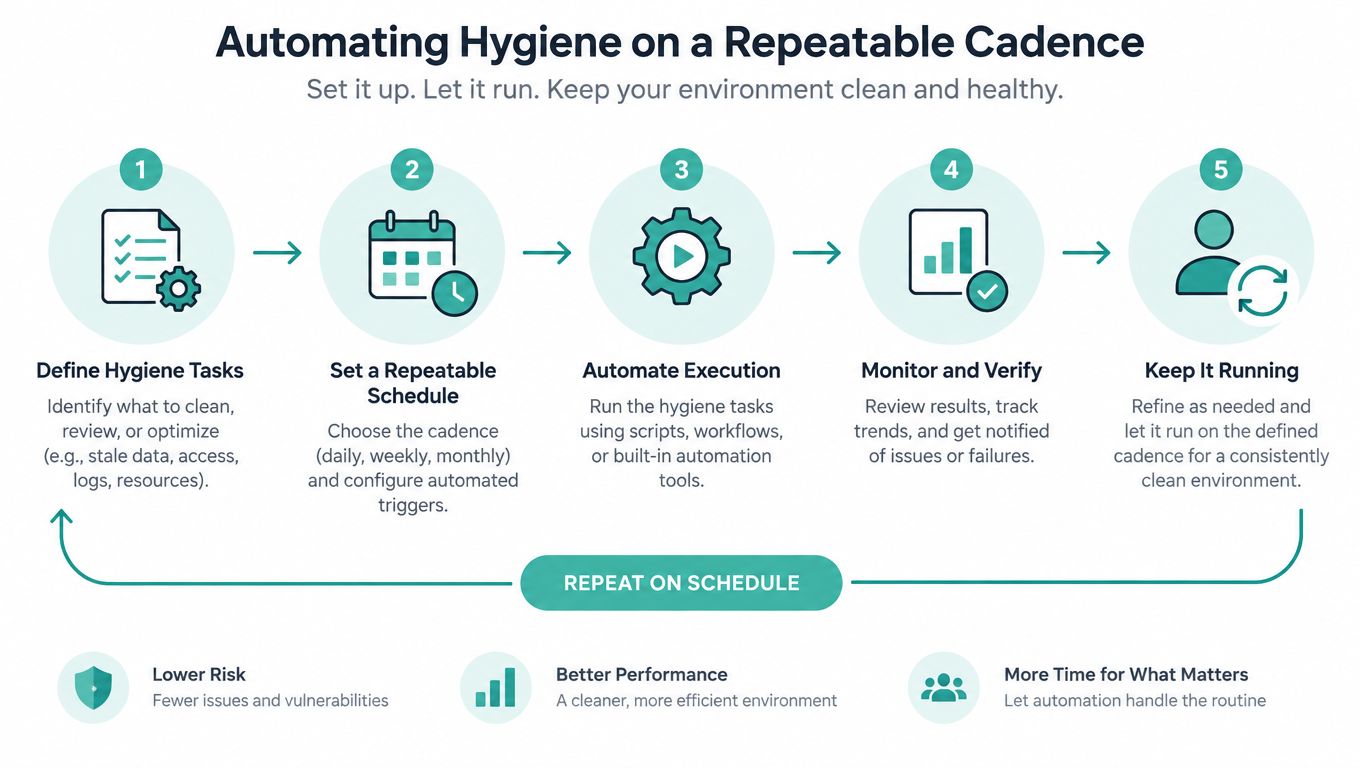A five-step infographic showing how to automate hygiene tasks on a repeatable schedule for environment maintenance.